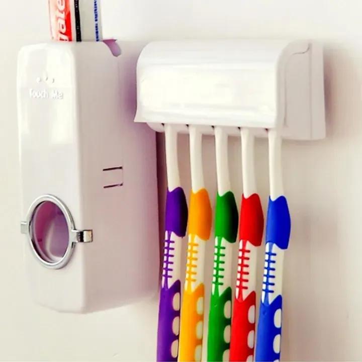 White Toothpaste Dispenser & Brush Holder for Bathroom Organization